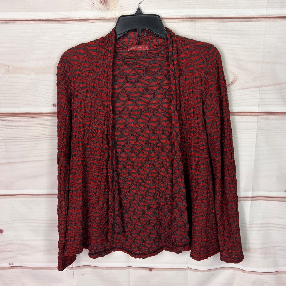 Cut Loose Cardigan Womens XS Red Gray Geometric Open Front Textured Knit Draped